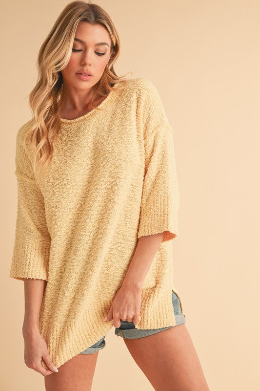 Aemi + Co Sweater Side Slit Ribbed Hem Round Neck 3/4 Sleeve Pastel Yellow 60a608fa-970e-496a-86e8-f22c554793f3-Max Trendsi