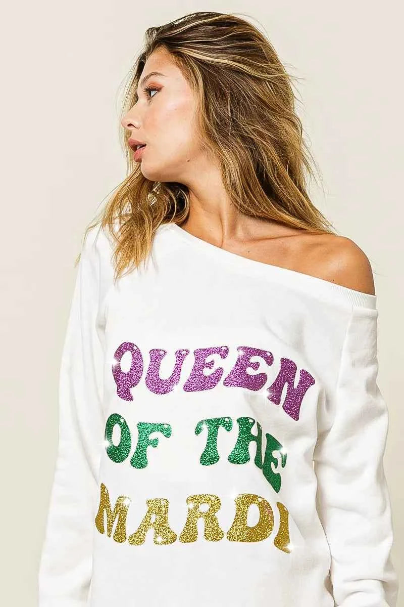 BiBi Women’s Mardi Gras Glitter Print Sweatshirt Queen of Mardi Casual Top