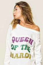 BiBi Women’s Mardi Gras Glitter Print Sweatshirt Queen of Mardi Casual Top