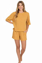 Zenana Outfit Set Mustard Raised Rib Short Sleeve Tee and Drawstring Shorts 60a72093-a0df-4a1a-b08a-e37ae2c2601a-Max-Origin Trendsi