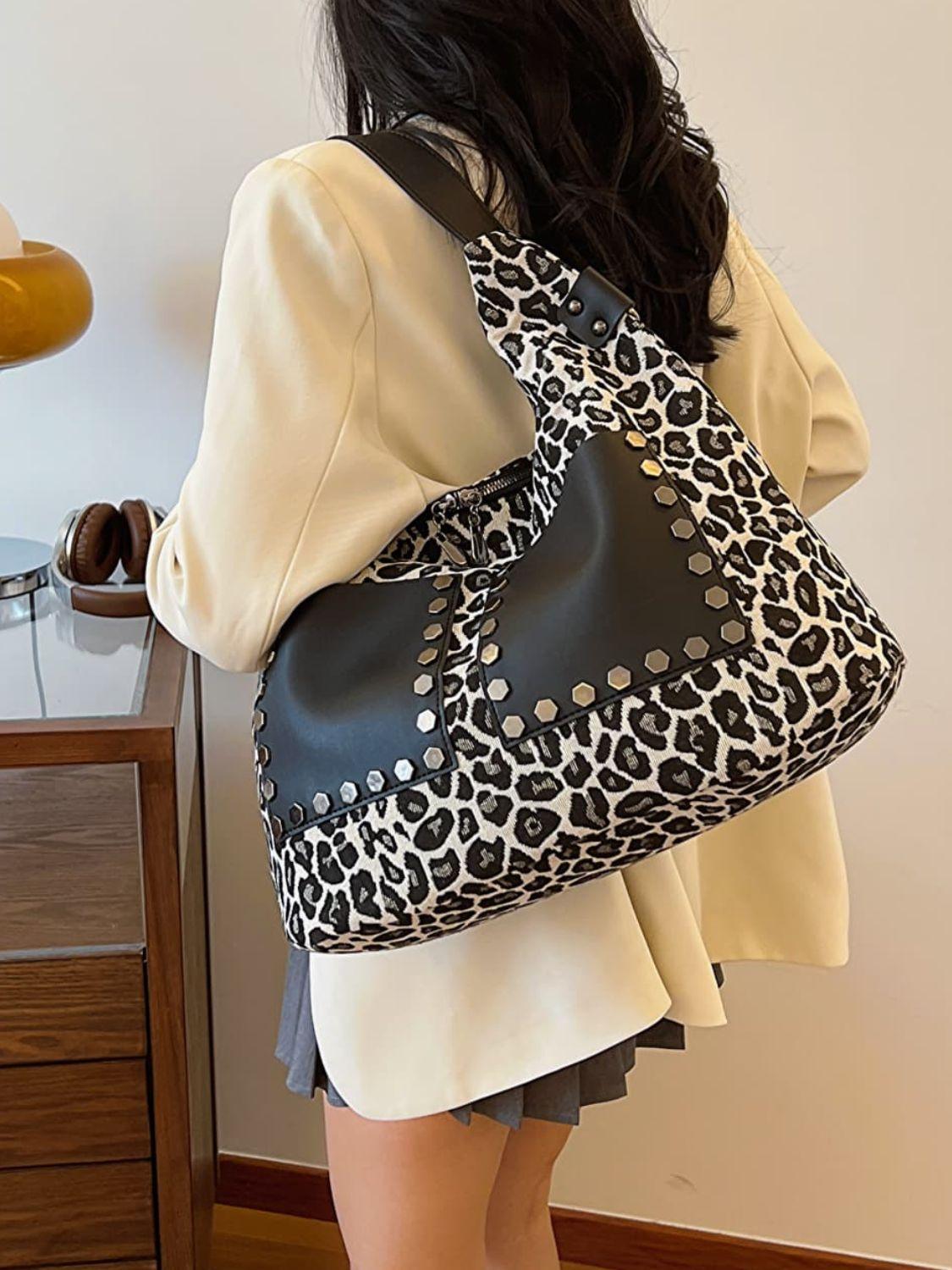 Leopard Polyester Large Shoulder Bag with Stud Beaded Leather Pockets