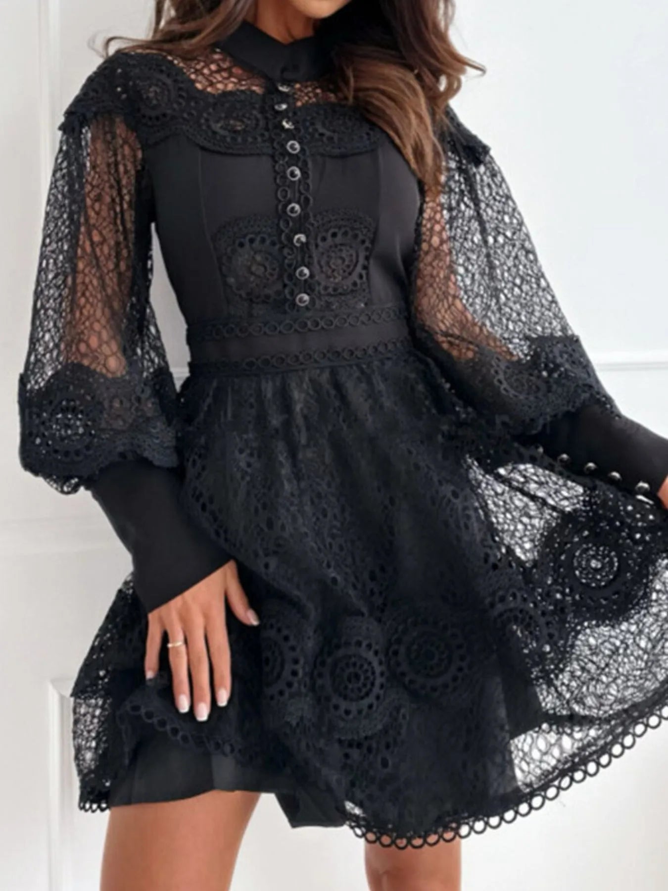 Mini Dress Floral Lace Lantern Long Sleeve Pearl Button High Neck Ruffled 60aac4d1-8d4b-4254-9938-c4cf4d1a3182-Max-Origin Trendsi