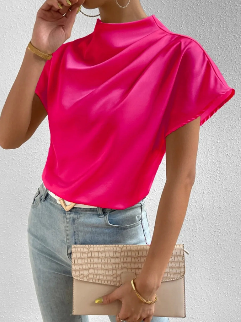 Satin Blouse Mock Neck Pleated Short Sleeve Basic Style Top Hot Pink 60ac365a-0f6a-428f-8a7a-1fd628d361b2-Max-Origin Trendsi
