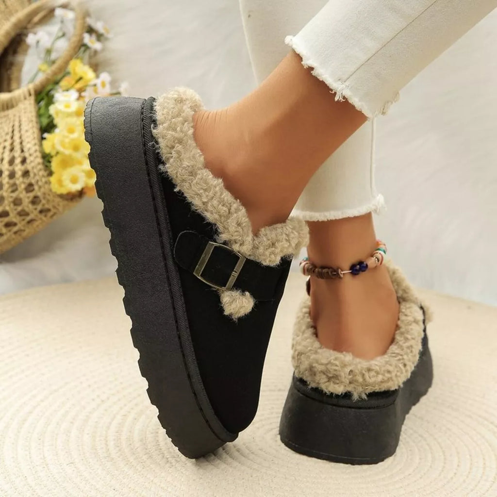 Women's Slip-Ons Fluff Fleece-Lined Round Toe Platform Mid Heels Shoes Black 60ac66bc61074d26a6e70a742631740a-Max-Origin Trendsi