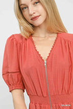 Umgee Midi Dress Orange Zip-Front Smocked Waist Short Puff Sleeves 60acb7e1-c284-4638-879e-804f3bebc116-Max-Origin Trendsi