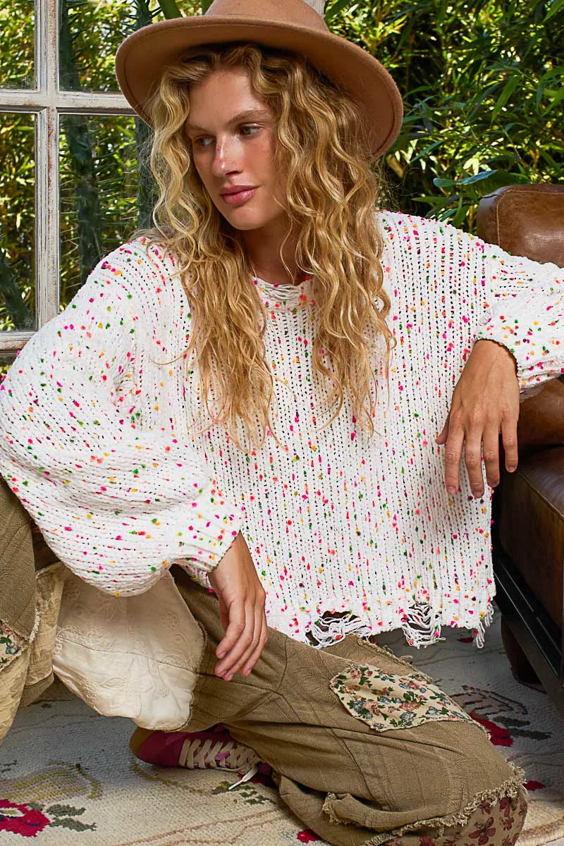 POL Sweater Knit White Pink Colorful Round Neck Fringed Distressed Hem 60aea91a-8e79-4c03-b612-609e5b3b54c4-Max-Origin Trendsi