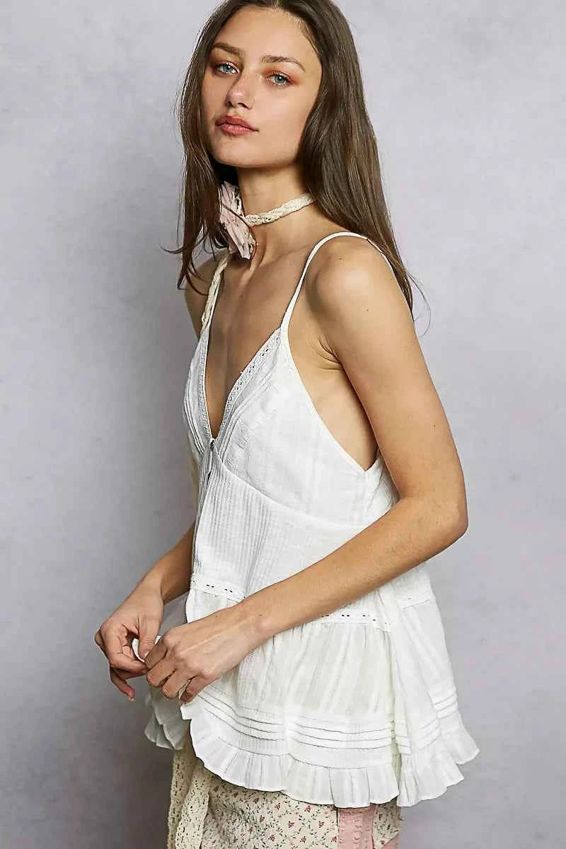 POL Cami Top Button Front V-Neck Ruffled with Pintuck Accents Off White