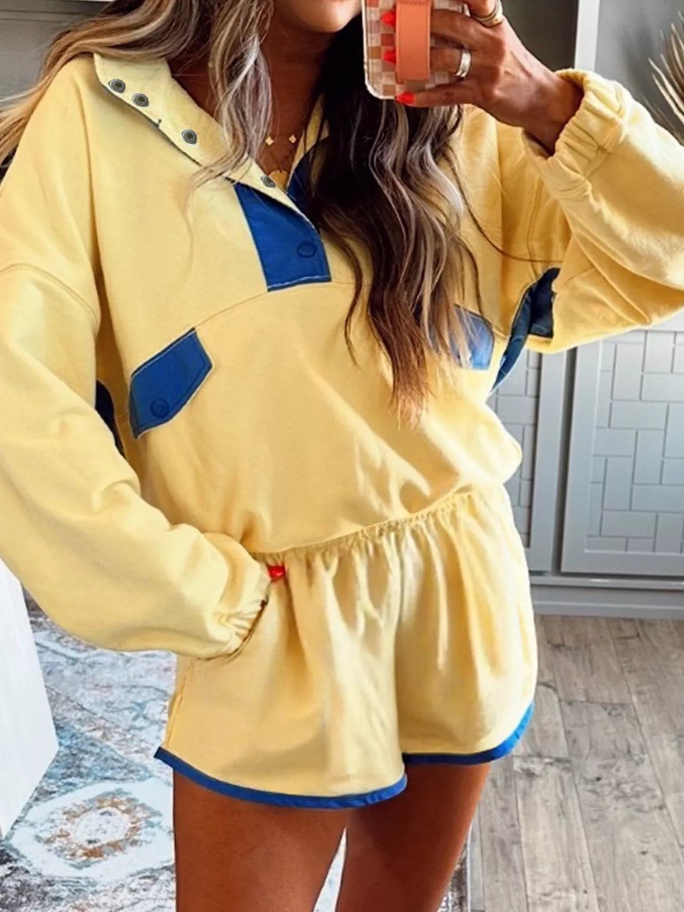 Women's Casual Set Color Yellow Block Patchwork Half Button Top and Shorts 2pcs Pastel Yellow 60b389d98fe540a49854472d600adacc-Max-Origin Trendsi