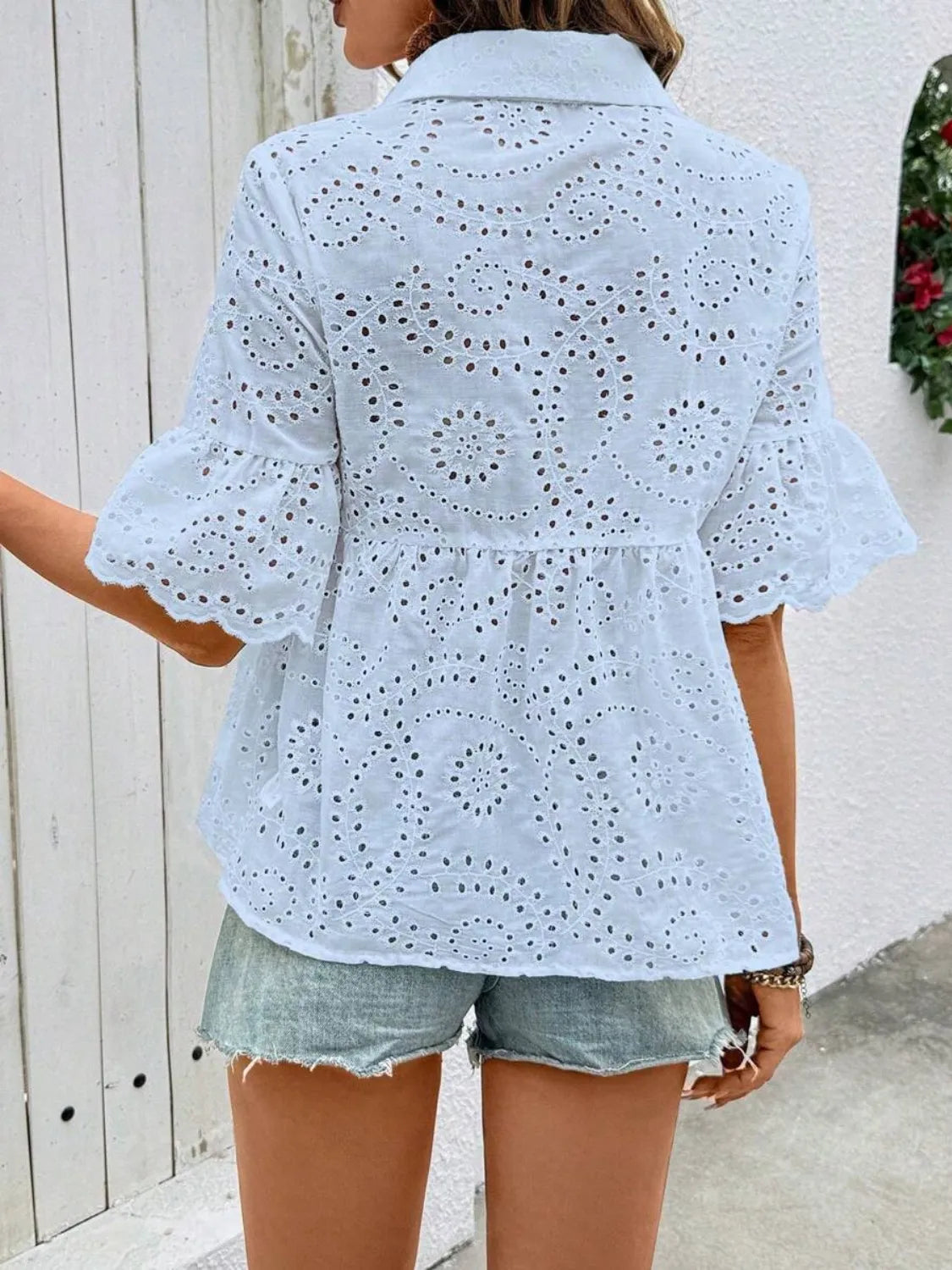 Lace Eyelet Women's Shirts Collared Neck Half Ruffle Sleeve Tops 60bdc46f-0c22-455d-ab04-c808d97b3797-Max-Origin Trendsi