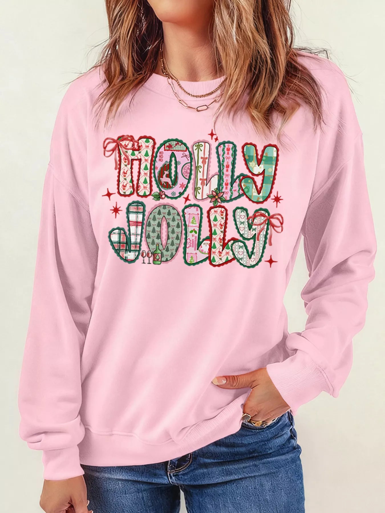 HOLLY JOLLY Women's Sweatshirt Pink Cute Holiday Graphic Print Top 60be1d796f674d8d9d248b69df070916-Max-Origin Trendsi