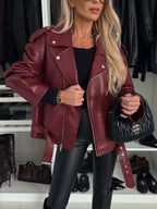 Women's Biker Jacket Zip Up Long Sleeve Pu Leather Overzided Outwear Burgundy 60c24b3b-f99e-436a-abdf-46f88661b583-Max-Origin Trendsi