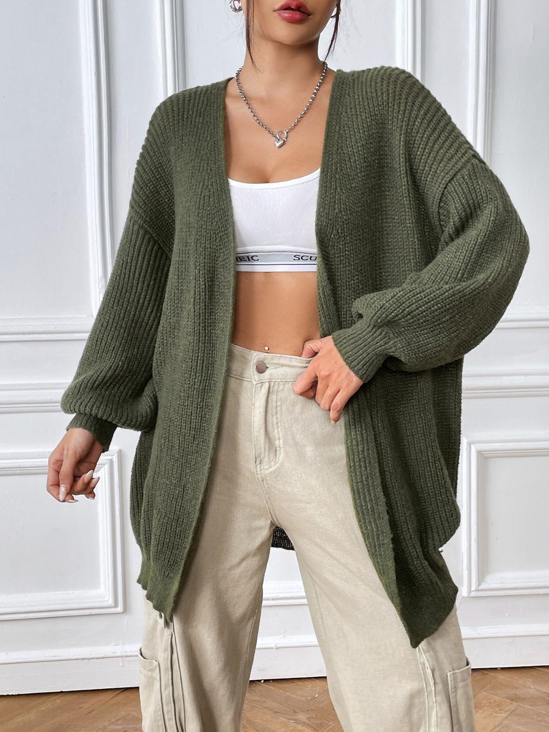 Army Green Cardigan Open Front Long Sleeve Knitwear Army Green 60c4ead4-795b-40e3-8d71-d538e9e1f453-Max Trendsi