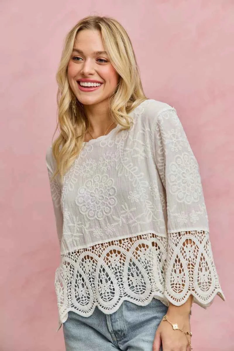 SO ME Floral Embroidered Crochet Lace Trimmed Top