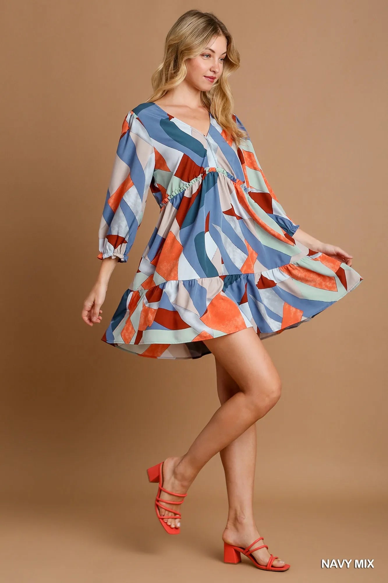 Umgee Mini Dress Multicolor Abstract Printed V-Neck Tiered 3/4 Sleeve Ruffled 60e43ad1-6a94-4794-9d4d-a84c884e5064-Max-Origin Trendsi