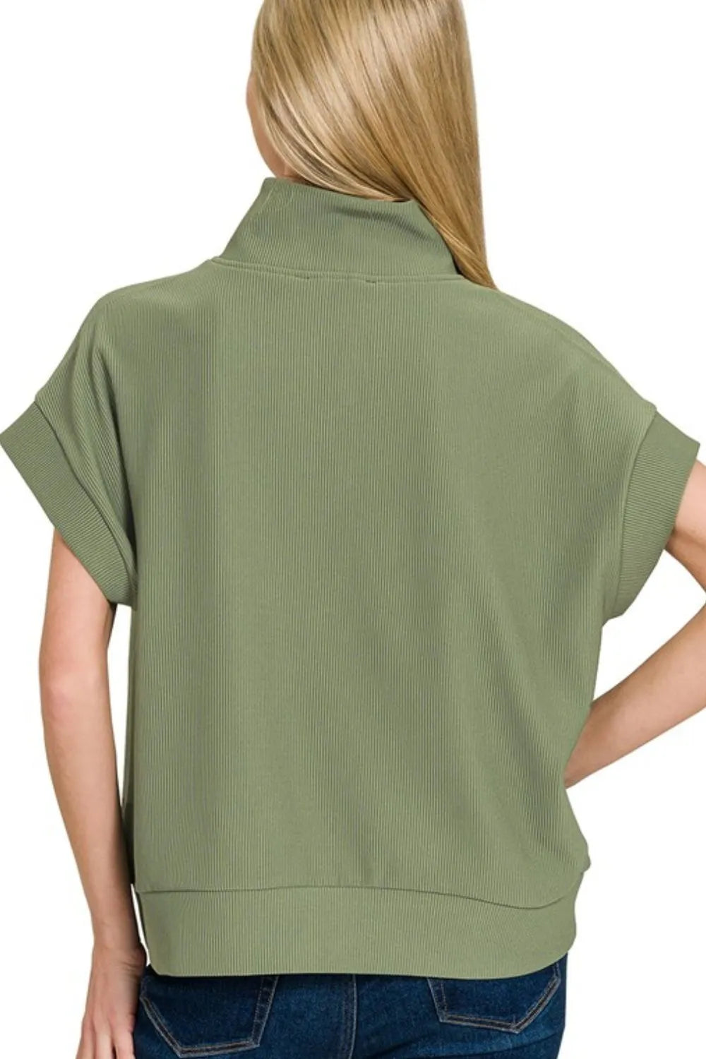 Zenana Top Ribbed High Neck Half Zip Light Olive Short Sleeve 60e65d50-f72b-42d9-bc37-69c216583202-Max-Origin Trendsi