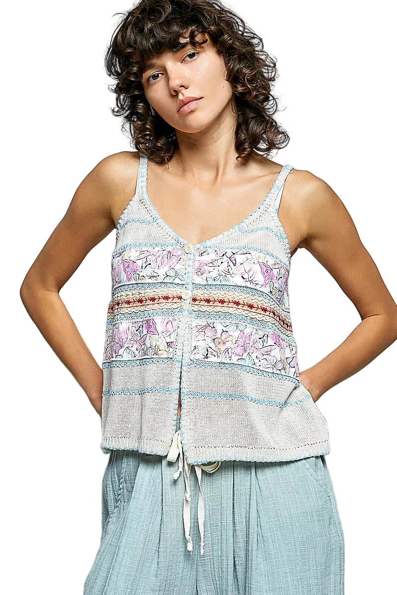 POL Printed Contrast Button-Down Camisole with Trim Detail and Blanket Stitch Accents