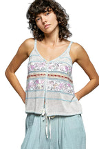 POL Printed Contrast Button-Down Camisole with Trim Detail and Blanket Stitch Accents