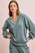 BiBi Outfit Set Dark Sage Cord Rib Contrast Stitching V-Neck Top and Pants 60f15ccfda404cc3943594ff0e9afa8c-Max-Origin Trendsi