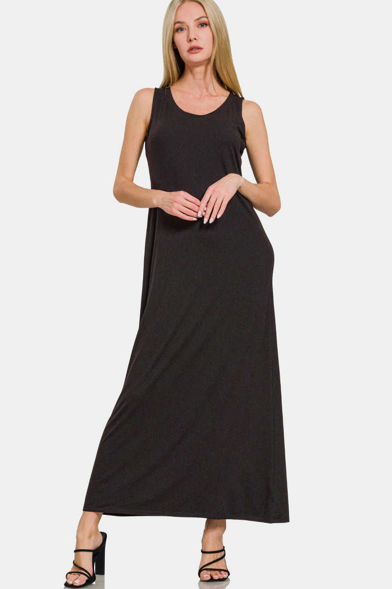 Zenana Black Midi Dress Scoop Neck Wide Strap Tank Solid Long Dress