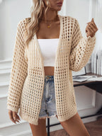 Cardigan Openwork Open Front Long Sleeve Knitwear Tan 60f628de-42ac-4159-819f-011297c0af54-Max Trendsi