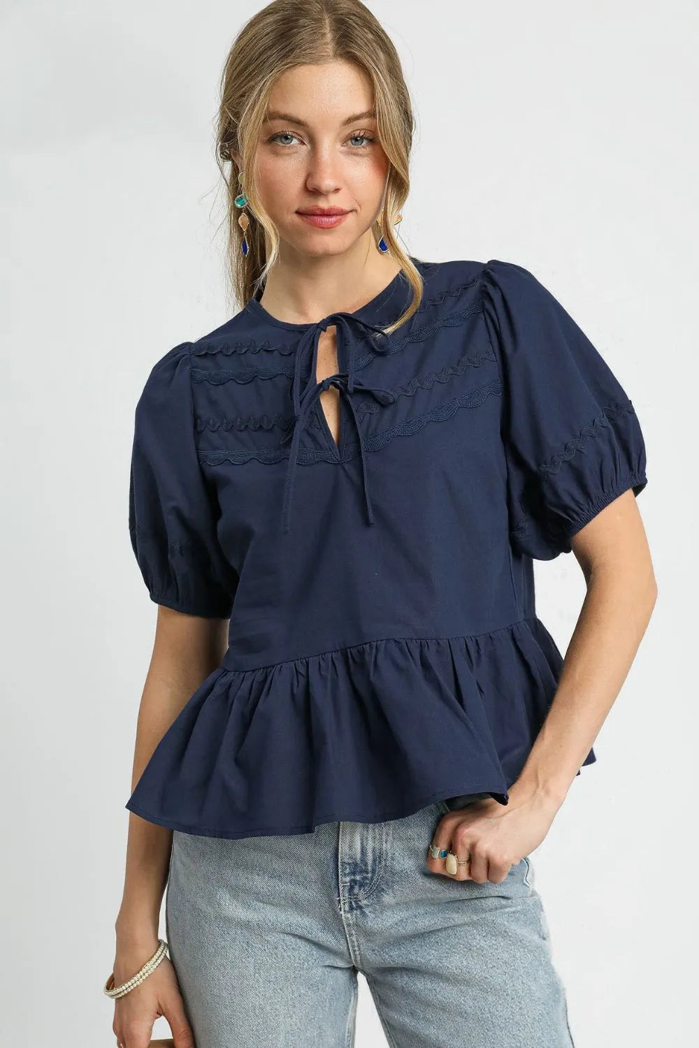 Umgee Cotton Blouse Dark Navy Ruffled Tie Front Puff Short Sleeve Top 60f7352a-174a-4e7e-a2d5-8ffd1e7a5f4b-Max-Origin Trendsi