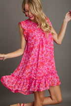 Umgee Ruffle Dress Smocked Hot Pink Floral Metallic Print Short Sleeve S-2XL Hot Pink 60fb2fea-5d63-4597-9539-c257bbc94871-Max Trendsi