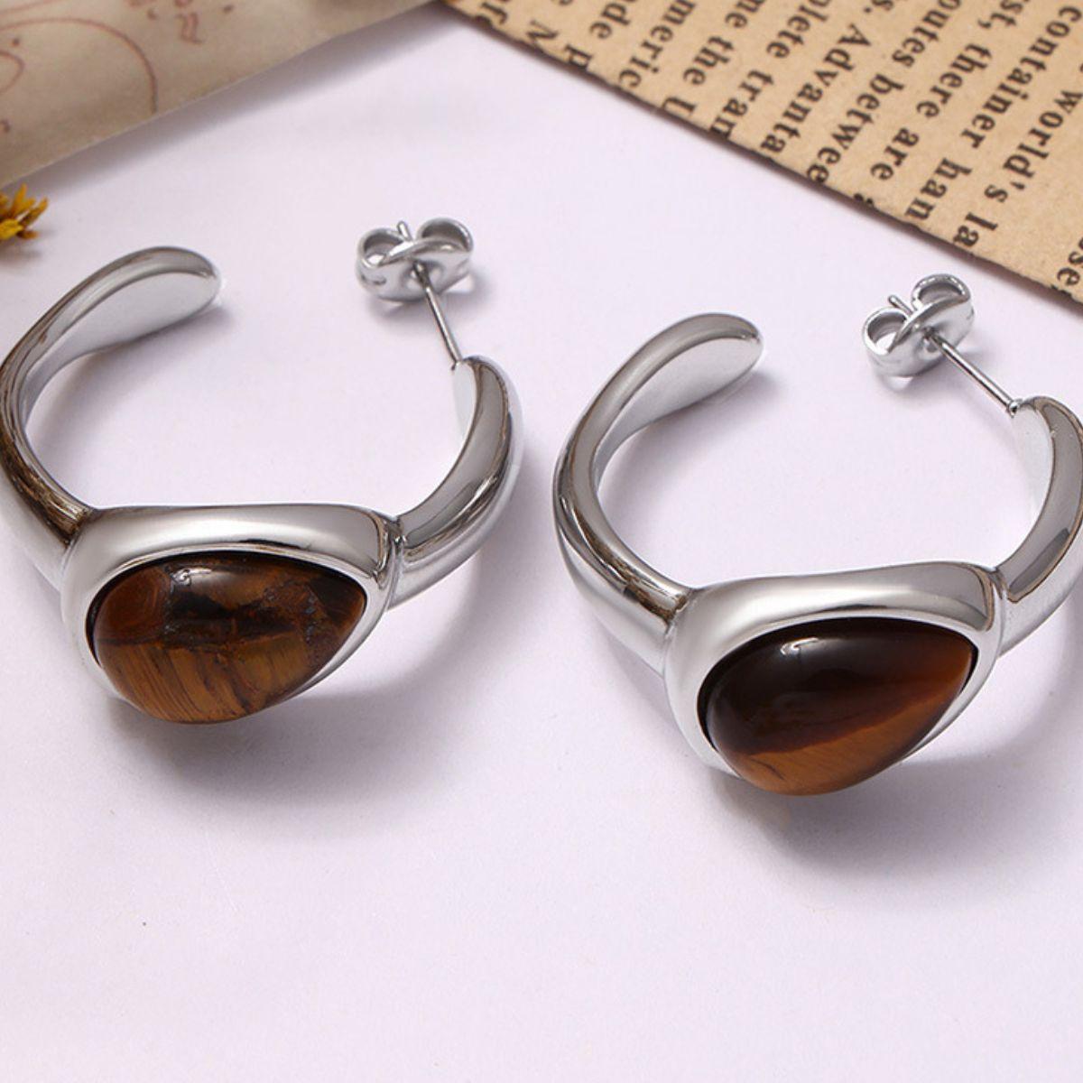 Stainless Steel C-Hoop Earrings Natural Tiger's Eye