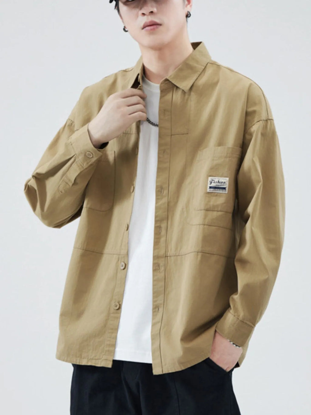 Men's Button Up Shirt Long Sleeve Casual Top with Front Pockets Khaki 60fef376-393d-455f-9a2c-4735dc60faf6-Max-Origin Trendsi