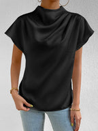Satin Blouse Mock Neck Pleated Short Sleeve Basic Style Top 610751cb-93c2-4ecf-91c8-c5086648b19c-Max-Origin Trendsi