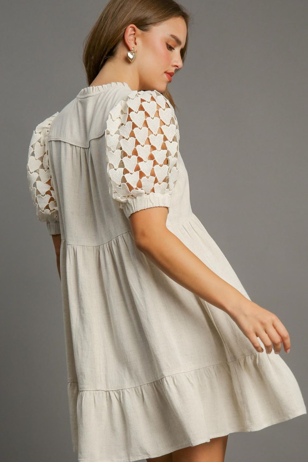 Umgee Linen Mini Dress Ruffled Hem Heart Lace Short Sleeve Tie Neck 6107fbda-145e-433f-968e-be8dcac1972c-Max Trendsi