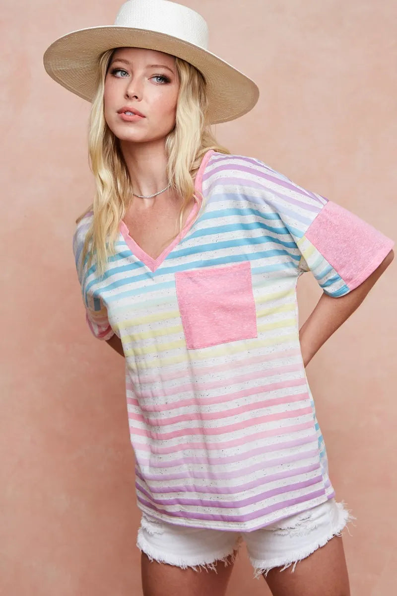 BiBi Cotton T-shirt Rainbow Stripe Printed Triblend Knit Short Sleeve Top 6108bb607bbf41bab5b97d1033912769-Max-Origin Trendsi