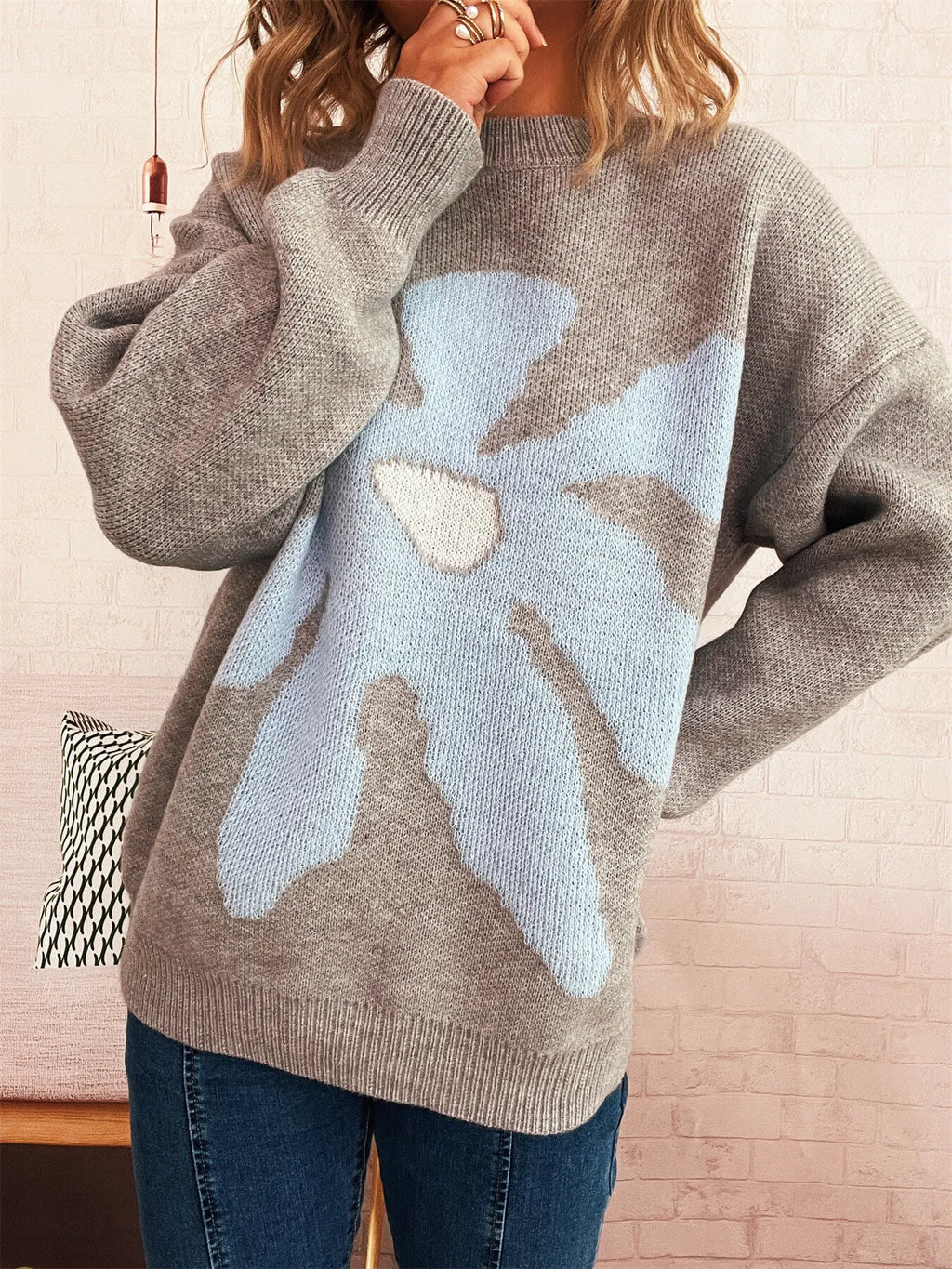 Women's Sweater Flower Dropped Shoulder Knit Long Sleeve Pullover 610f41036cd640d19573b5ad39496d6b-Max-Origin Trendsi