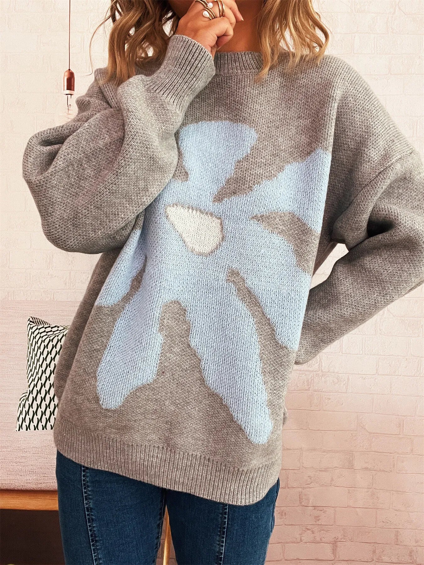 Women's Sweater Flower Dropped Shoulder Knit Long Sleeve Pullover 610f41036cd640d19573b5ad39496d6b-Max-Origin Trendsi