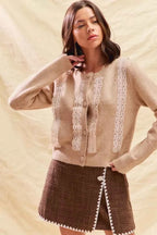 SO ME Women Cardigan Sweater Beige Knit Front Lace Trim Button Lonf Sleeve 6113b209d8184470a540eabcb8bc8eb7-Max-Origin Trendsi