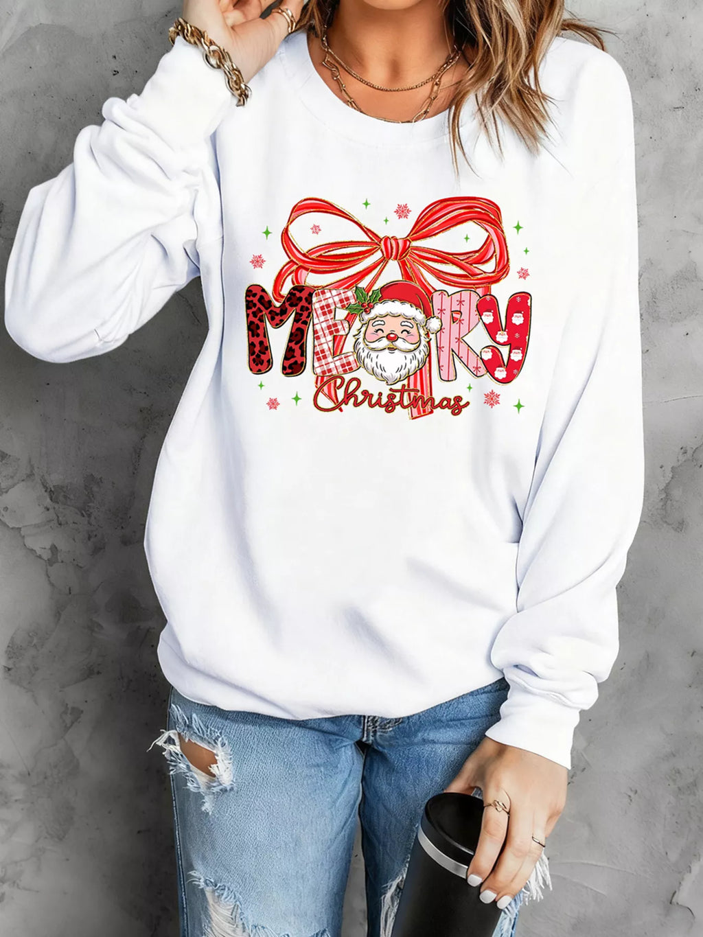 Merry Christmas Women's Sweatshirt White Graphic Long Sleeve Top 6118e213477649b6834973d3ed4d823c-Max-Origin Trendsi