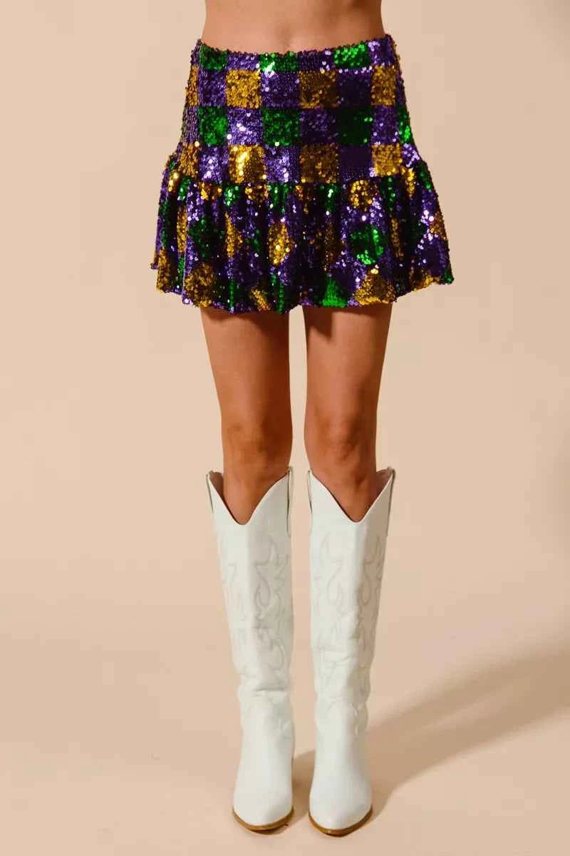 SO ME Sequins Mini Skirt Mardi Gras Checker Ruffled 611cad3a06a949de907985eff78acc1f-Max-Origin Trendsi