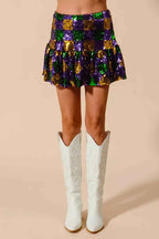 SO ME Sequins Mini Skirt Mardi Gras Checker Ruffled 611cad3a06a949de907985eff78acc1f-Max-Origin Trendsi