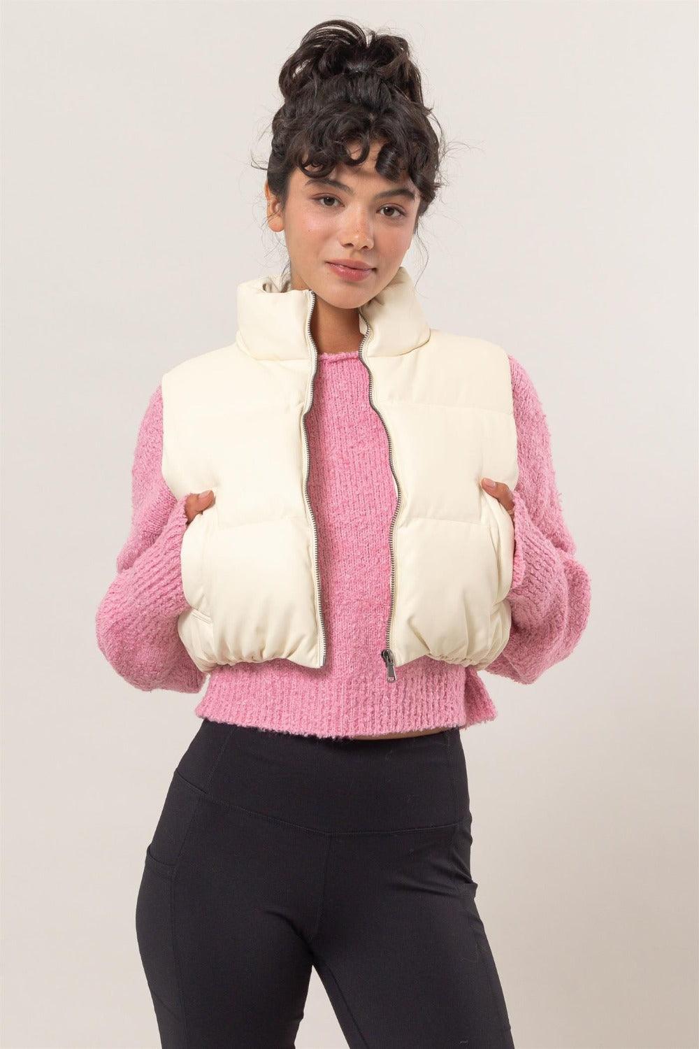 Solid Quilted Vest HYFVE Pocketed Sleeveless Coat Cream 612231c8-21d6-4e35-bdb1-c85ac4b4cb28-Max Trendsi