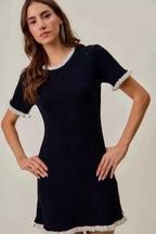 SO ME Contrast Ruffled Sweater Knit Mini Dress