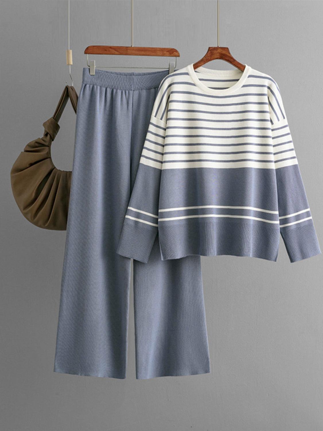 Basic Bae Outfit Sweater Set Striped Round Neck Long Sleeve Top and Pants Set