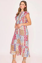 Umgee Midi Dress Pink Mix Floral Tie Neck Double Layered Ruffle Sleeve 613ce596-9580-4260-bdae-2c05d550feb0-Max-Origin Trendsi