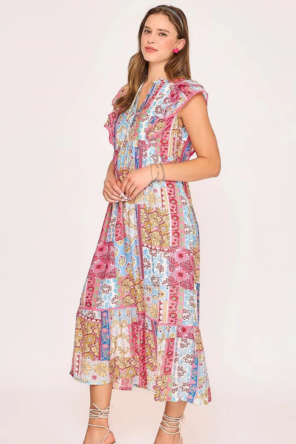 Umgee Midi Dress Pink Mix Floral Tie Neck Double Layered Ruffle Sleeve 613ce596-9580-4260-bdae-2c05d550feb0-Max-Origin Trendsi