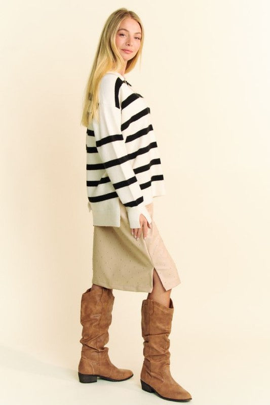 Davi & Dani Women Sweater Striped Side Slit Johnny Collar Long Sleeve 613e04c6-a546-49a5-bcd7-503e5d8c407b-Max Trendsi