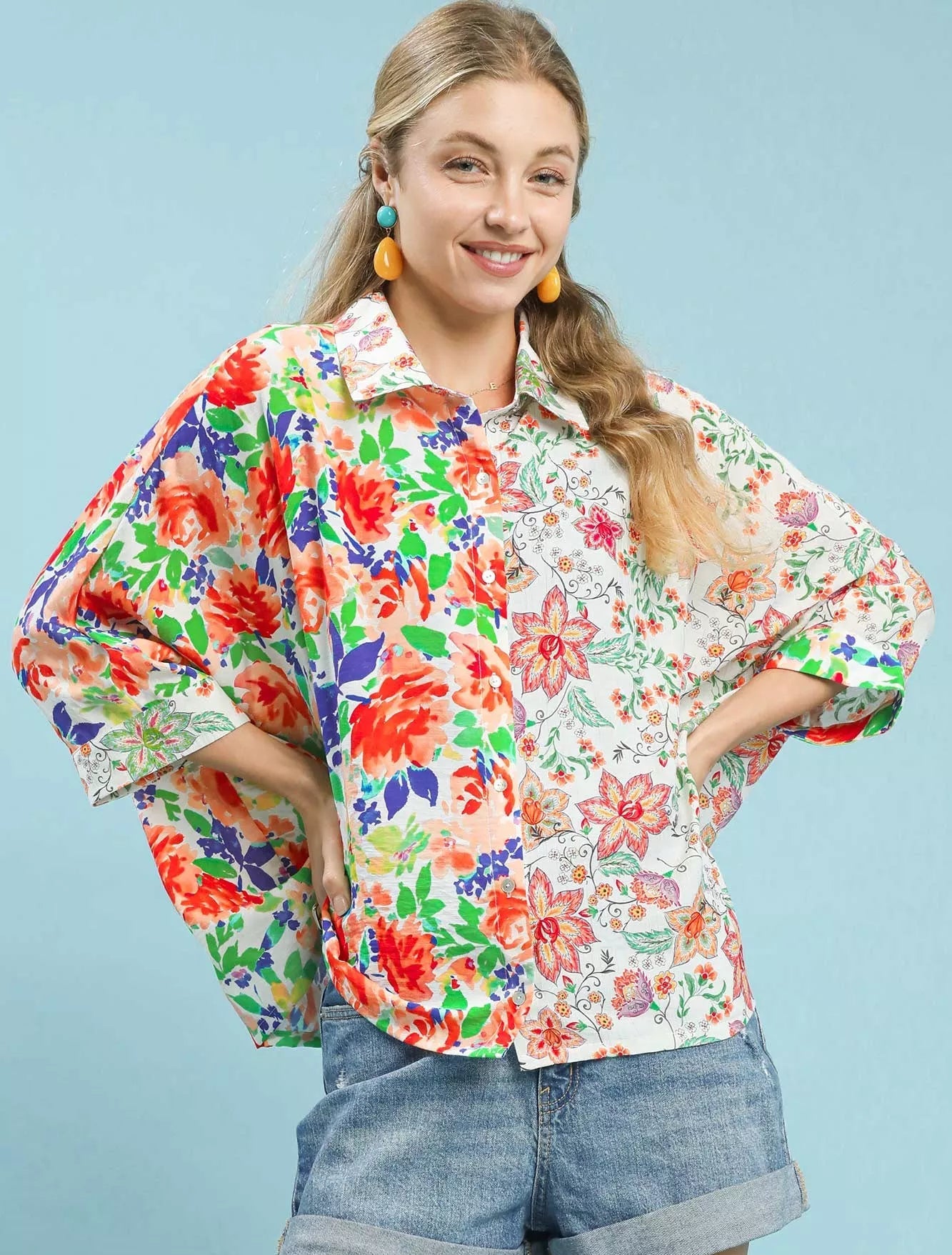 Umgee Womens Shirt Orange Mixed Floral Oversized 3/4 Sleeve Top ORANGE MIX 614adc73-c5b6-495d-ba86-0aa4b3f0fb1a-Max-Origin Trendsi