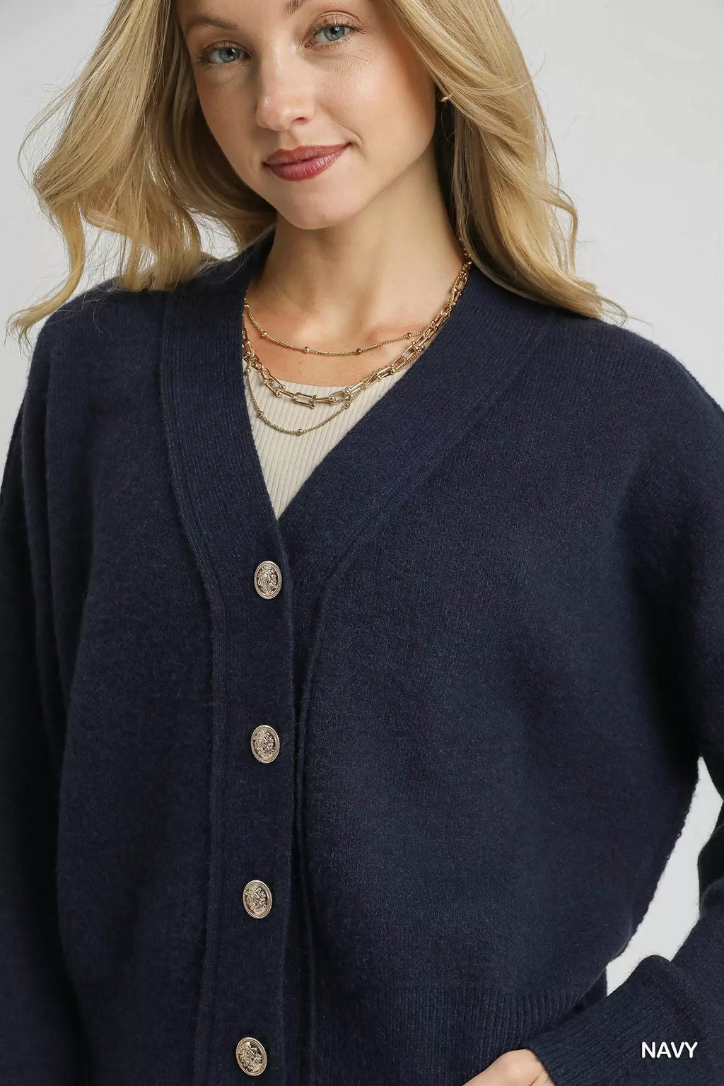 Umgee Womens Knit Cardigan Navy Button-Front Basic Style Sweater 614b7980-5866-41f4-9fd0-6c710ed3f22f-Max-Origin Trendsi
