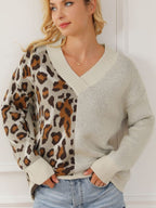 Women Sweater Half Leopard V Neck Long Sleeve Soft Knit Pullover Leopard 614dca4f-164c-4511-abf5-e44aba996911-Max Trendsi