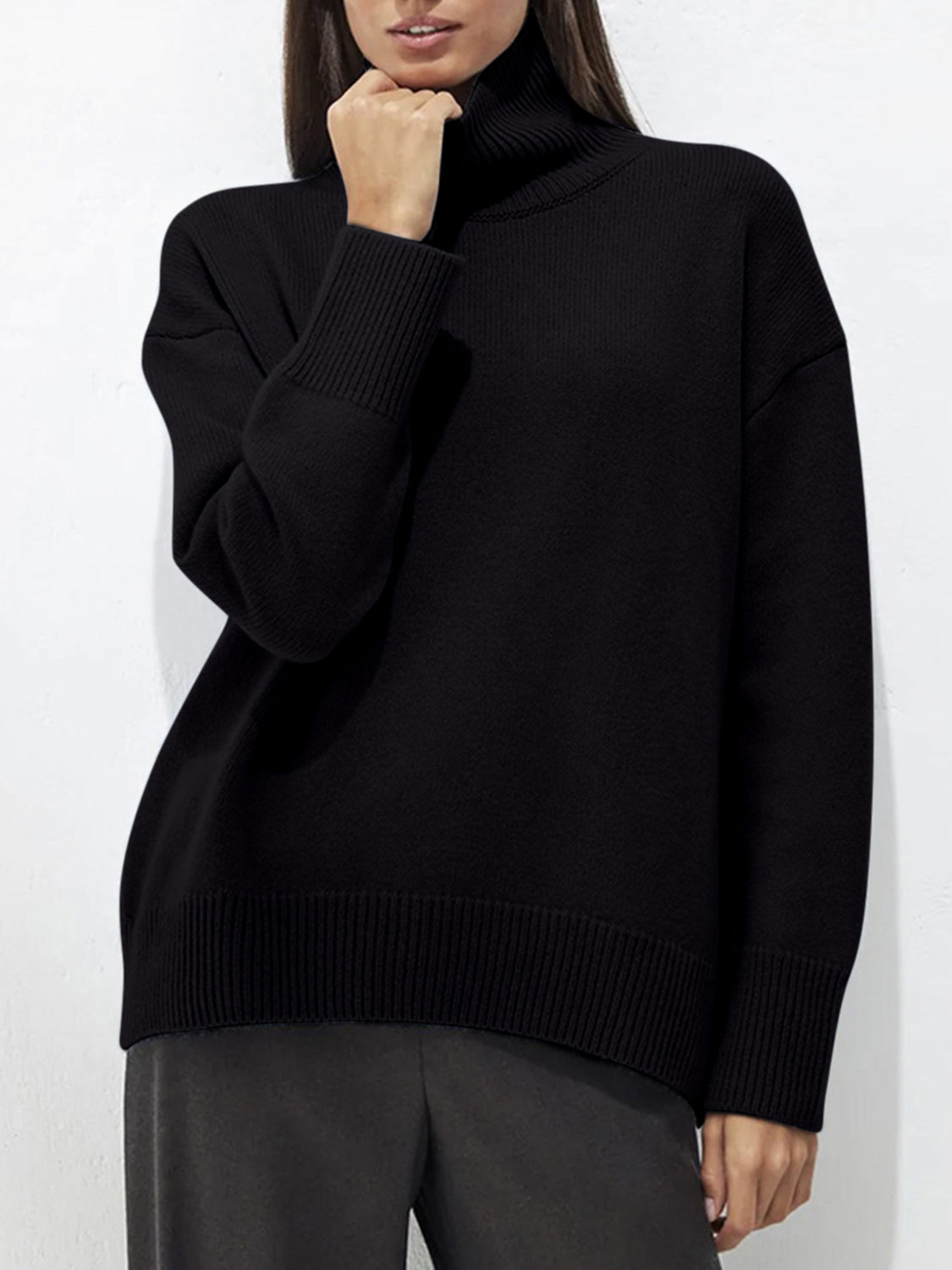 Ribbed Women Sweater Turtleneck Long Sleeve Soft Acrylic Loose Basic Pullover