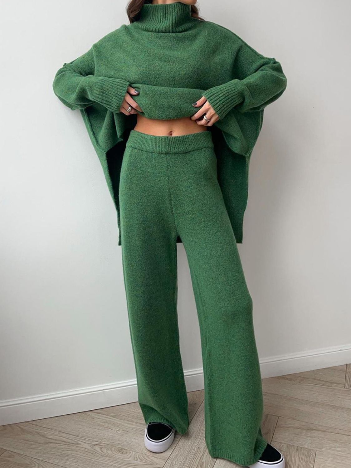 Outfit Set Women Knit Slit Turtleneck Sweater Long Sleeve and Pants 2 Pcs