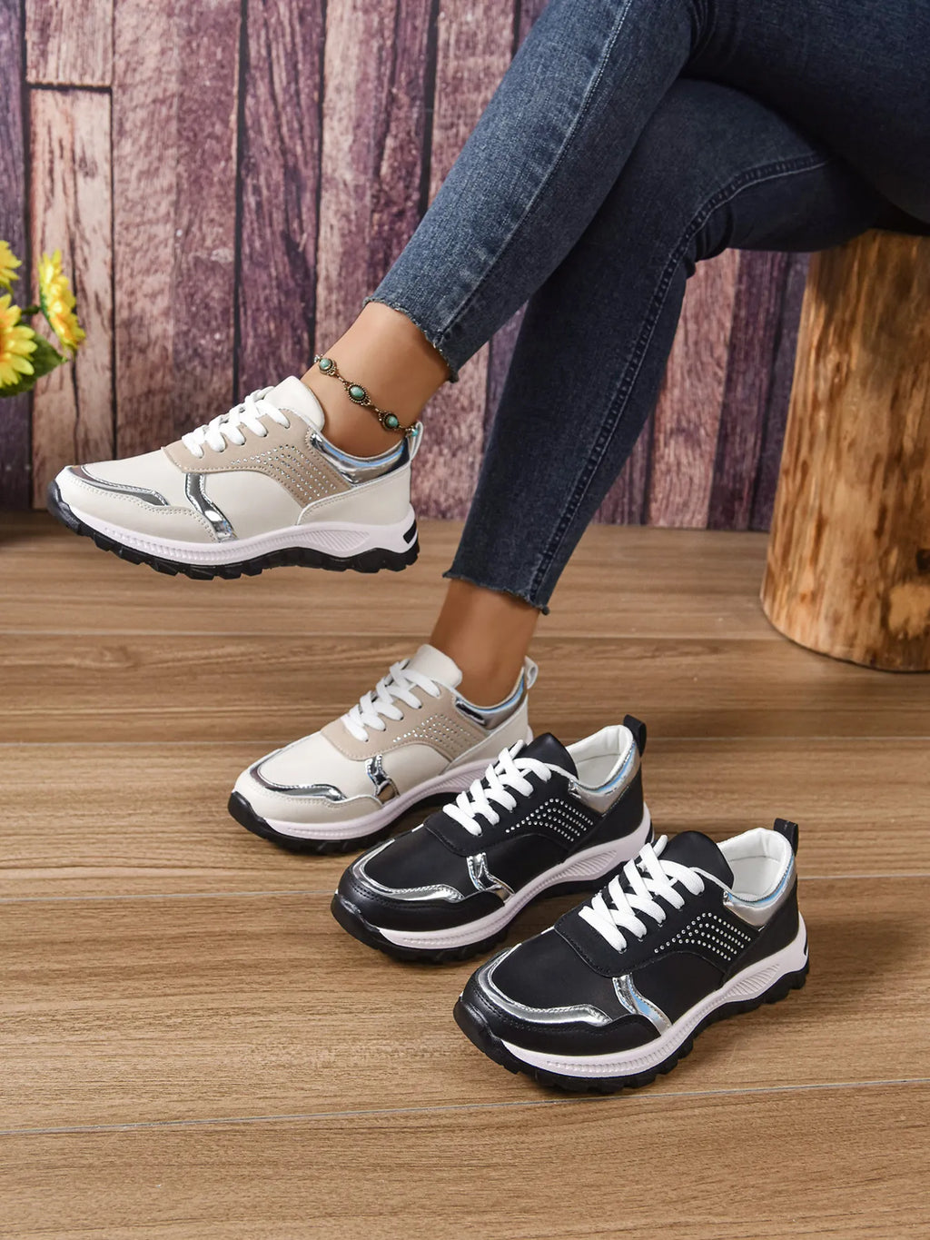 Women's Sneakers Pu Leather Rhinestone Lace Up Round Toe Low Heels Shoes Beige 6156a454defa4245b4fa022f1e985ff4-Max-Origin Trendsi