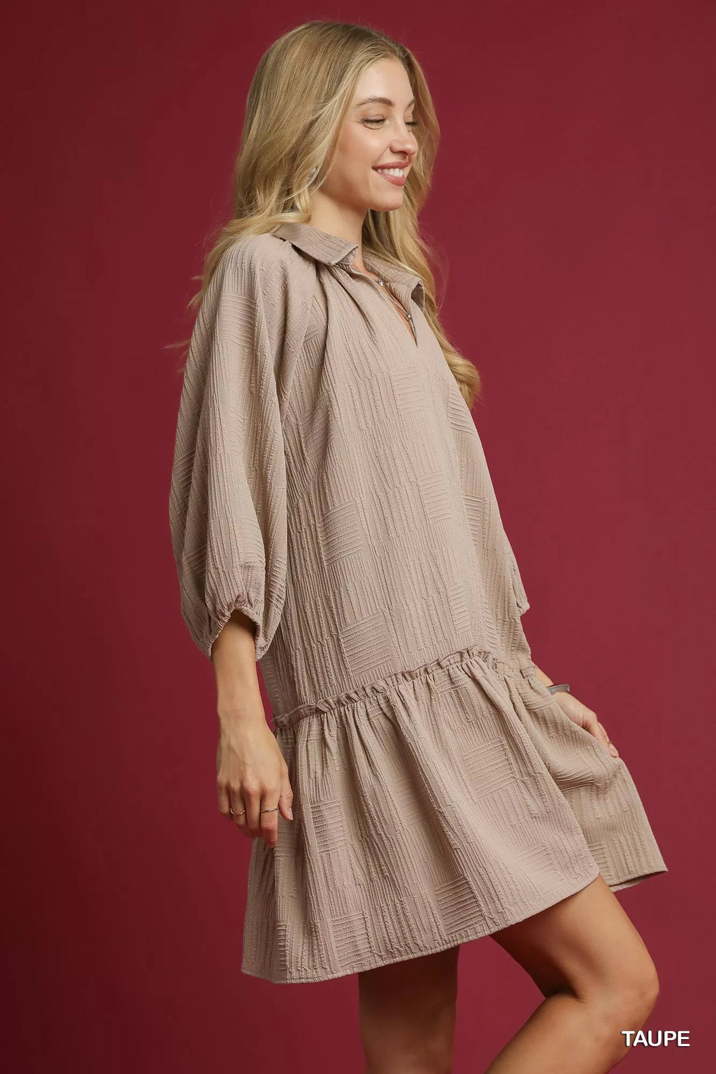 Umgee Mini Dress Taupe V-Neck Tiered Ruffled Long Sleeve 615c83ec-9c60-4238-a43c-410e20f4efd5-Max-Origin Trendsi